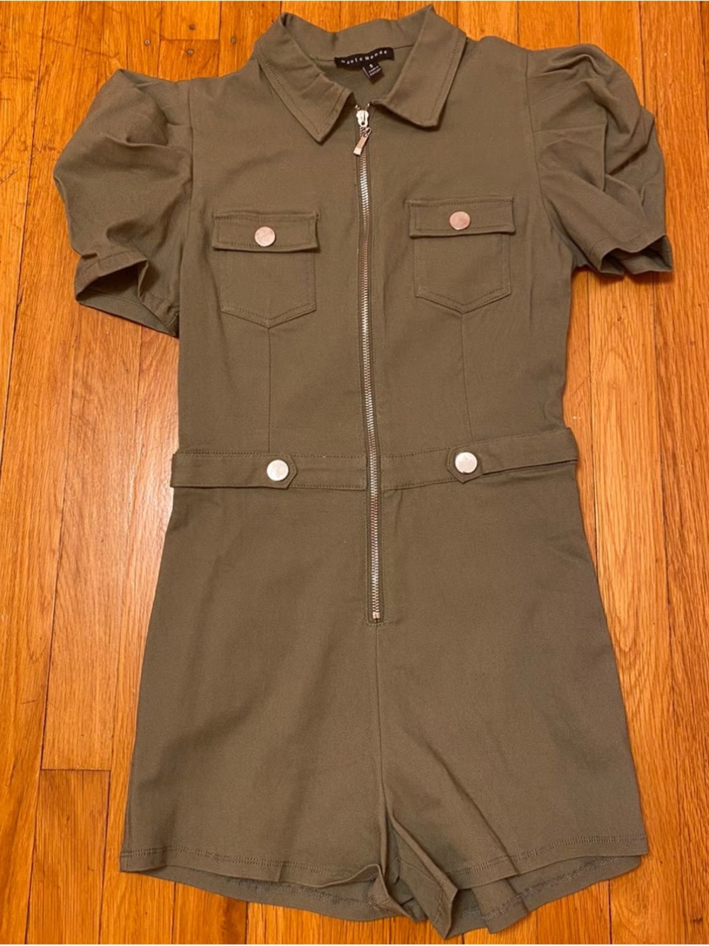 Haute Monde Olive Green Utility Romper with Puff Sleeves
